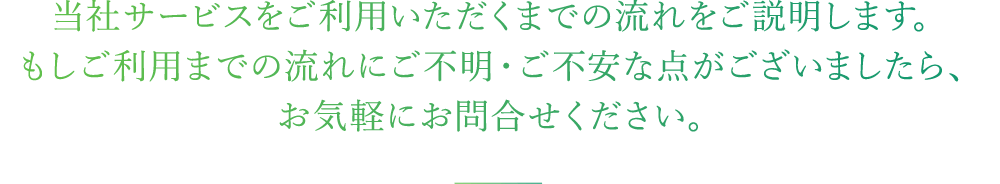 当社サービスをご利用いただくまでの流れをご説明します。もしご利用までの流れにご不明・ご不安な点がございましたら、お気軽にお問合せください。